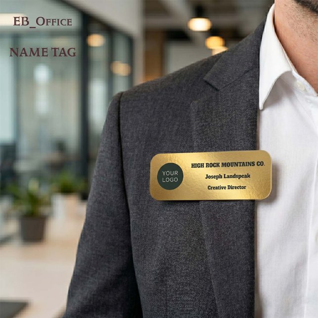 Guld Metallisk Företag Logotyp Namnbricka (Gold Classic Name Tag.
Custom 3” x 1” rectangle with rounded corners for business logos.
)