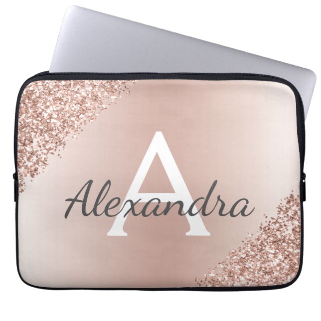 Guld- metallisk glitterMonogram för rodna rosa ros Laptop Fodral (Framsidan)