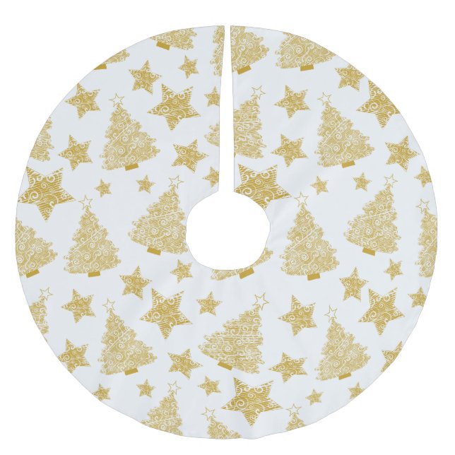 Guld- metalliskt träd- & stjärnajulmönster julgransmatta borstad polyester (Framsidan)