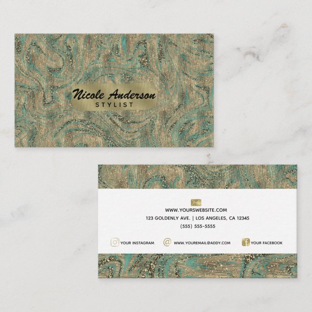 Guld & Mety Turcos Glitter Swirl Luxury Stil Visitkort (Fram/baksida)