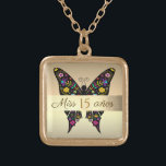 Guld Mexikanska färgämnet Blommigt Butterfly Quinc Guldpläterat Halsband<br><div class="desc">Finare,  elegant,  välmående svart fjäril med giftiga färgstarka blommigtar i kombination med snyggt,  glam,  lyxfolie guld bakgrund. Unikt,  trendig,  viskött halsband i Quinceanera guld - Miss 15 Anos.</div>