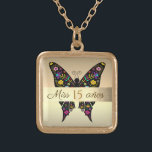 Guld Mexikanska färgämnet Blommigt Butterfly Quinc Guldpläterat Halsband<br><div class="desc">Finare,  elegant,  välmående svart fjäril med giftiga färgstarka blommigtar i kombination med snyggt,  glam,  lyxfolie guld bakgrund. Unikt,  trendig,  viskött halsband i Quinceanera guld - Miss 15 Anos.</div>