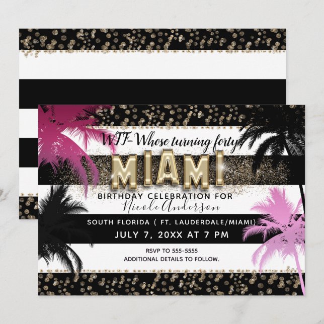 Guld Miami Glitter Glam Palmer Födelsedagsfest Inbjudningar (Fram/baksida)