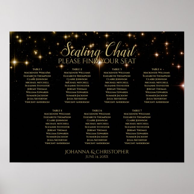 Guld-miniatyrdiagram 7 Bord Black Bröllop Poster (Framsidan)