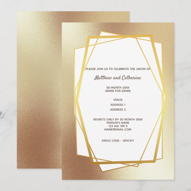 Guld minimalist enkel geometrisk ram sexhörning inbjudningar (Fram/baksida)