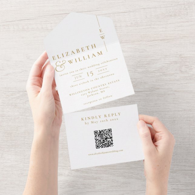 Guld minimalistisk elegant monogram QR-kod bröllop (Avrivbar del)