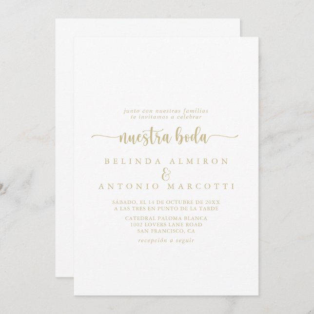 Guld-minimalistisk kalligrafi Nuestra Boda Bröllop Inbjudningar (Fram/baksida)