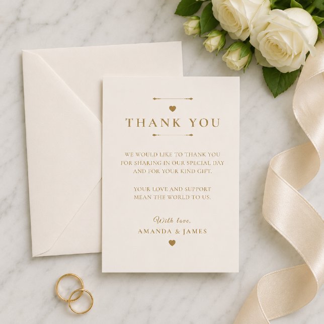 Guld Minimalistiskt Bröllop Tacksamhetskort Tack Kort (Gold Minimal Look Thank You Card with timeless luxury styling.)