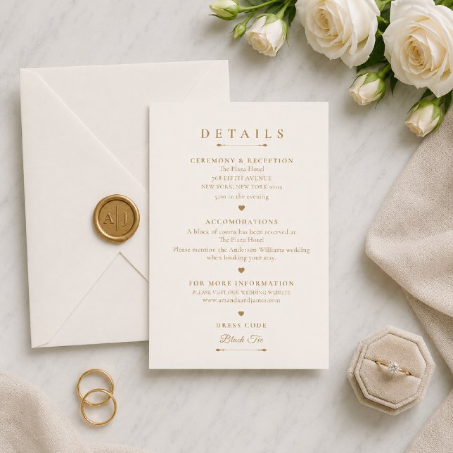 Guld Minimalistiskt Brölloppsdetaljkort OSA Kort (Gold Minimal Wedding Details Card on elegant marble flat lay.)