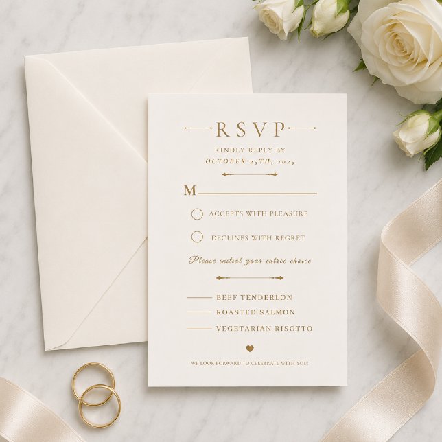 Guld Minimalistiskt Bröllops-Svarskort OSA Kort (Elegant gold RSVP card styled with timeless minimalist wedding details.)