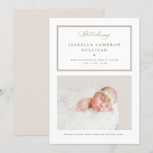 Guld minimalistiskt Gräns-skript Foto Baby Birth Meddelande