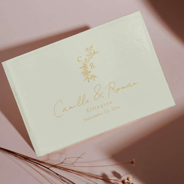 Guld/Mint Blommigt Monogrammed Calligraphy Bröllop Gästböcker (Skapare uppladdad)