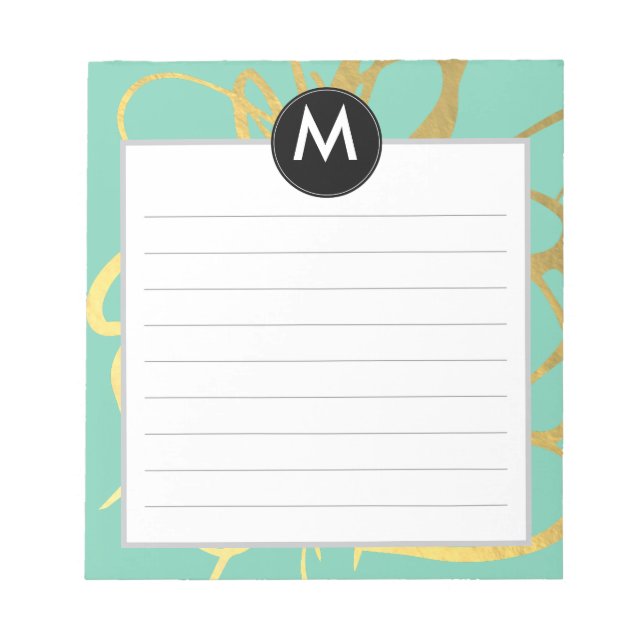 Guld & Mint Brushstrokes Monogram Initial Anteckningsblock (Framsida)