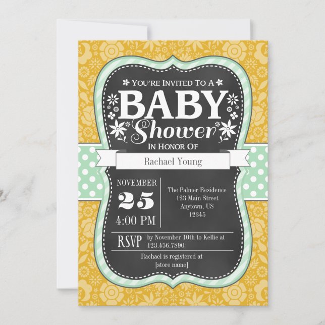 Guld Mint Chalkboard Blommigt Baby Shower Inbjudan (Framsida)