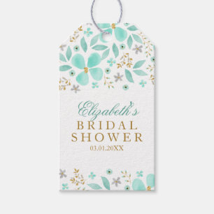 Guld Mint Floral Blad Bröllopsfest Present Taggar Presentetikett