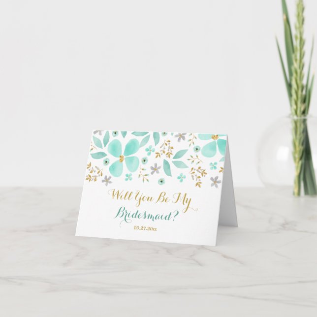 Guld Mint Flower kommer du att bli mitt Bridesmaid Inbjudan (Framsida)