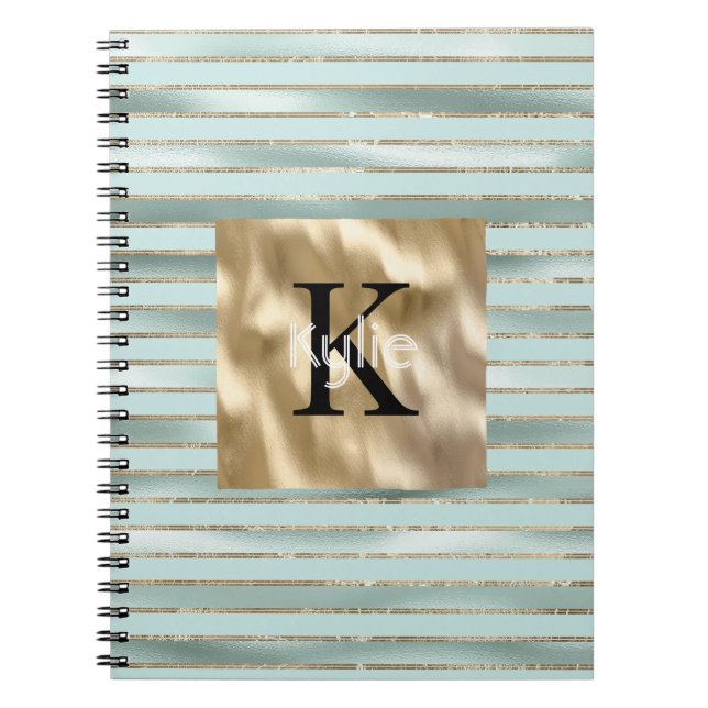 Guld Mint Gröna Ränder Monogram Namn Anteckningsbok (Framsidan)