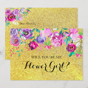 Guld Mint Lila blommor Flower Girl Card Inbjudningar
