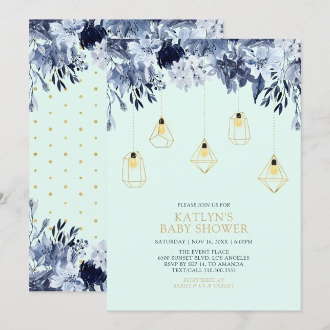Guld & Mint | Ljus Boho chic Baby Shower Inbjudningar (Fram/baksida)