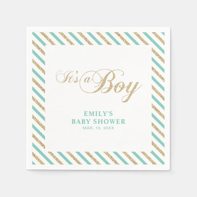 Guld & Mint | Modern Pojke Baby Shower Pappersserv Pappersservett (Framsidan)