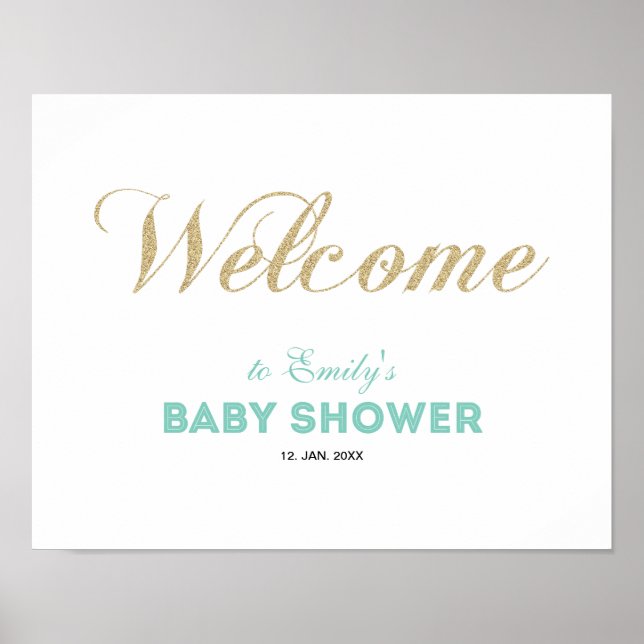 Guld & Mint | Modern Pojke Babyshower Välkomstskyl Poster (Framsidan)