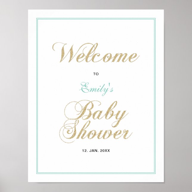 Guld & Mint | Modern pojke babyshower välkomstskyl Poster (Framsidan)