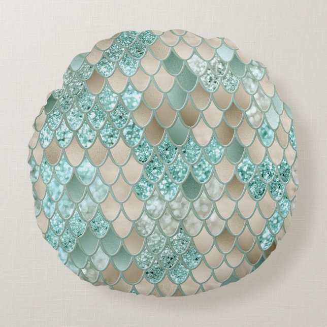 Guld Mint Sjöjungfru Scales Glam #2 (Faux Glitter) Rund Kudde (Framsidan)