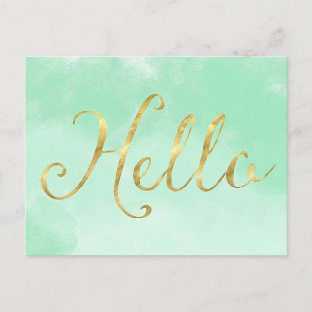 Guld Mint Watercolor Glam Hej Vykort (Framsida)