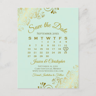 Guld & Mintgrön Bröllopsinbjudan Kalender Meddelande Vykort