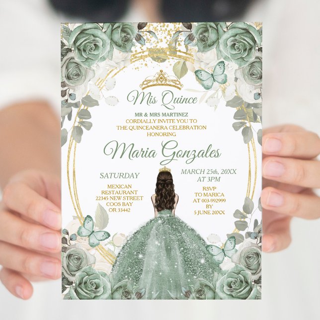 Guld Mis Quince Dusty Grönt Blommigt Quinceañera Inbjudningar (Skapare uppladdad)