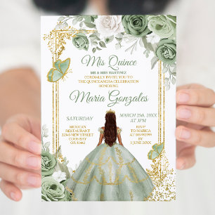 Guld Mis Quince Grönt Blommigt Quinceañera Inbjudningar
