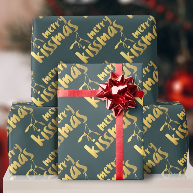Guld Mistletoe Kissmas jul Papper Presentpapper (Merry Kissmas wrapping paper just for you)
