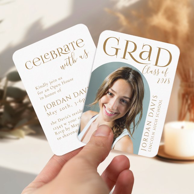 Guld Modern Arch Photo Studenten-meddelande Tilläggskort (Gold Modern Arch Photo Graduation Announcement)