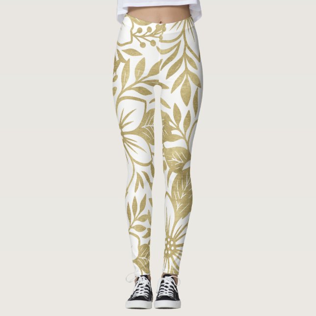 Guld Modern Blommig Elegant Tropisk Blomning Leggings (Framsida)