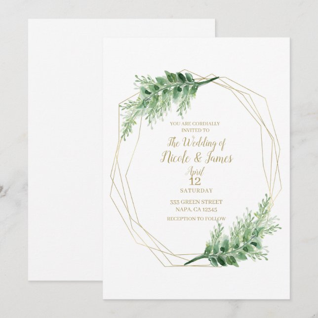 Guld Modern Glam Geometrisk Botanisk Bröllop Inbjudningar (Fram/baksida)