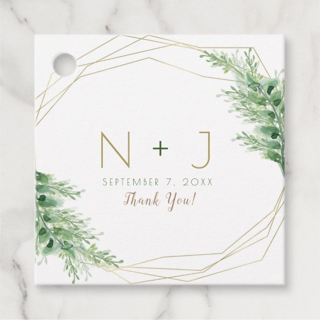 Guld Modern Glam Geometrisk Botanisk Bröllopsfest Gåvor Etiketter (Framsida)