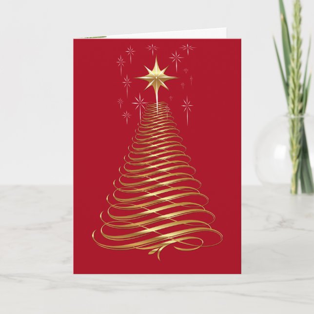 Guld Modern Julgran På Rött Kort (Framsida)