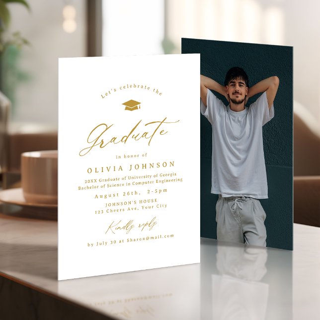 Guld Modern Kalligrafi Enkel Foto Examen Inbjudningar (Gold Modern Calligraphy Simple Photo Graduation Invitation)