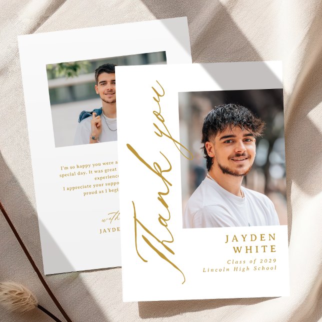 Guld Modern Kalligrafi Enkel Foto Examen Tack Kort (Gold Modern Calligraphy Simple Photo Graduation Thank You Card)