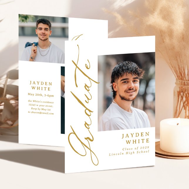 Guld Modern kalligrafi Foto Examen Inbjudningar (Gold Modern Calligraphy Photo Graduation Invitation)