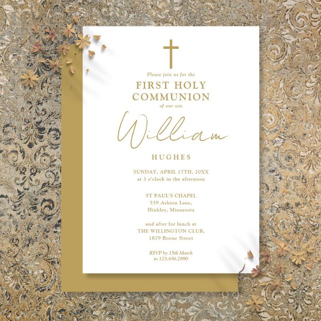 Guld Modern Minimalist Första Heliga Kommunion Inbjudningar (Gold Modern Minimalist First Holy Communion Invitation)