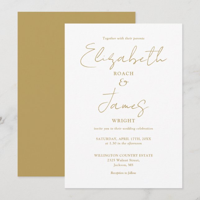 Guld Modern Minimalistisk Elegant Skript Bröllop Inbjudningar (Fram/baksida)