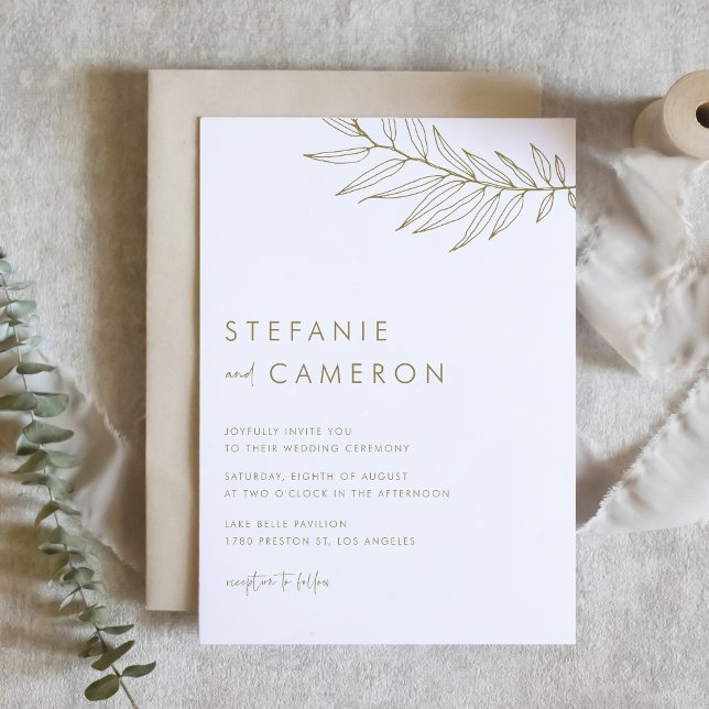Guld Modern minimalistiskt folium Bröllop Inbjudningar (Gold Modern Minimalist Foliage Wedding Invitation)