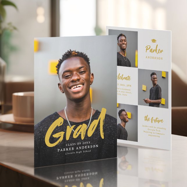 Guld Modern Penselskriptfoto Studenten Inbjudningar (Gold Modern Brush Script Photo Graduation Invitation)