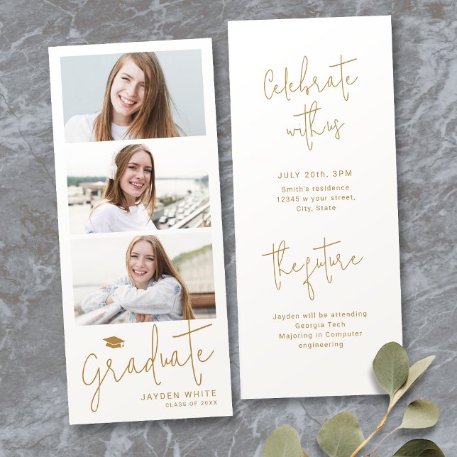 Guld Modern Script 3 Photo Studenten-meddelande Inbjudningar (Gold Modern Script 3 Photo Graduation Announcement)