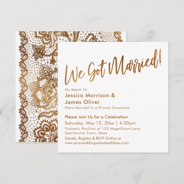 Guld Modern Script & Spets Vi är gifta! Inbjudningar (Fram/baksida)