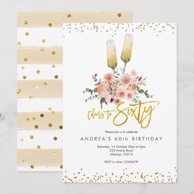 Guld Modern Skål för sextio Inbjudan (Fram/baksida)