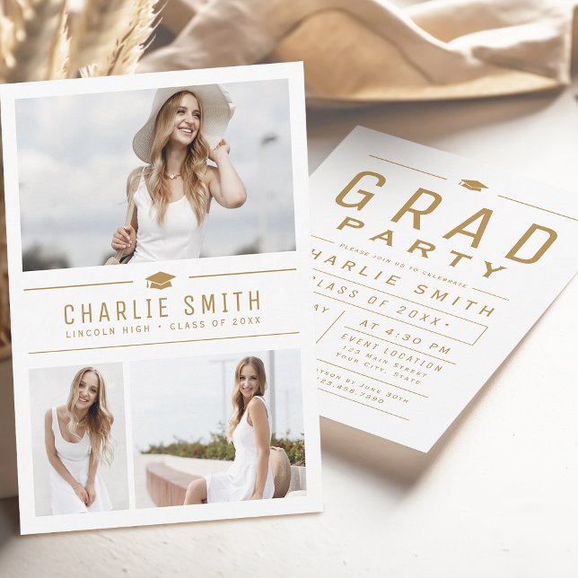 Guld Modern Typografi 3 Photo Studentfest Inbjudningar (Gold Modern Typography 3 Photo Graduation Party Invitation)