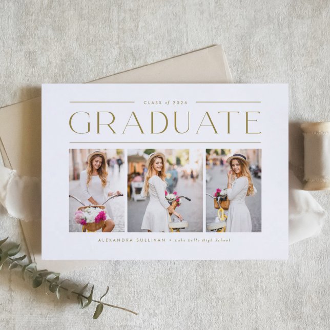 Guld Modern Typsnitt Foto Collage Examen Inbjudningar (Customizable photo collage graduation invitation featuring minimalist typography. )