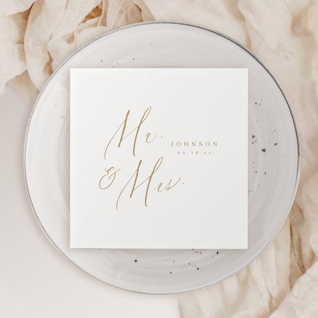 Guld moderna Mr. och Mrs. Pappersservett (Gold modern Mr. and Mrs. script minimalist wedding Napkins)